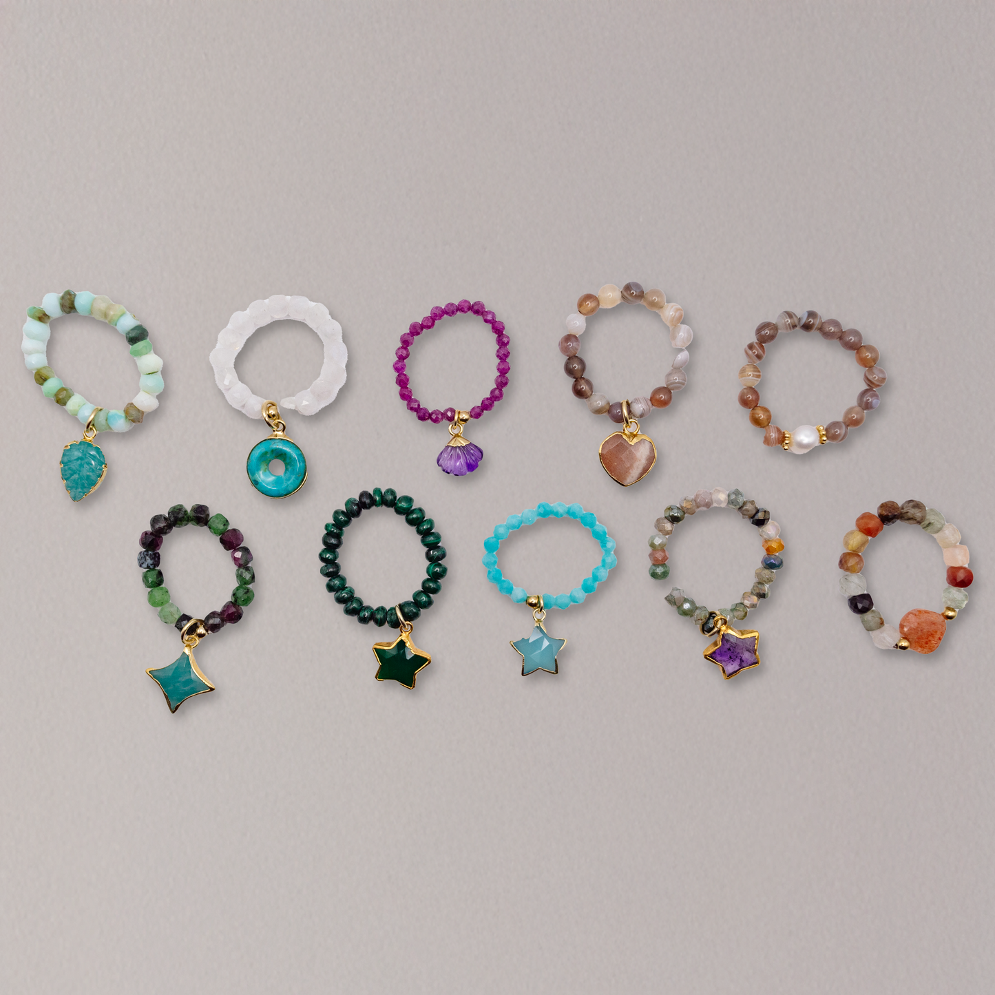 Semi Precious Stone Stretch Ring with Charm