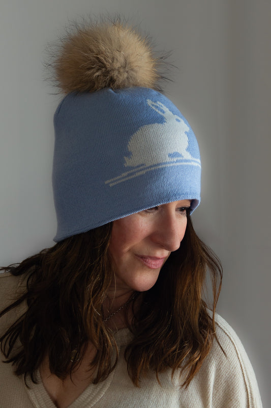 Wool/Cashmere Pom Pom Hat - Ski Bunny on Blue