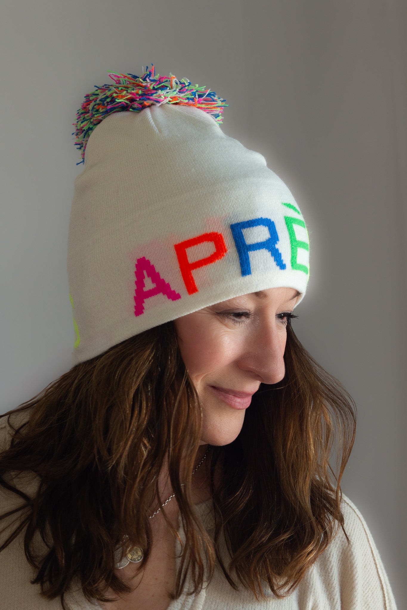 Wool/Cashmere Pom Pom Hat - Rainbow Apres on White