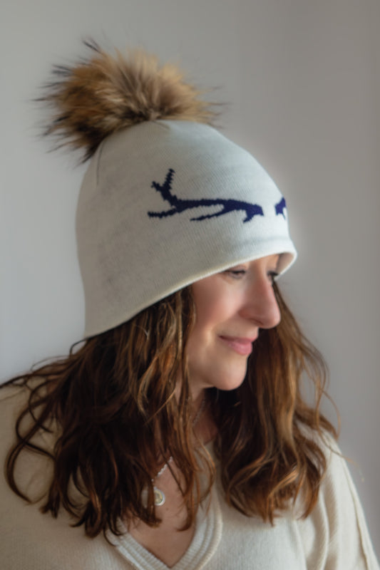 Real Fur Pom Pom Hat - Navy Antlers on Natural