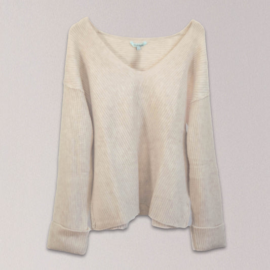 Cream Rib Knit V-Neck Pullover with Cuffed Sleeves