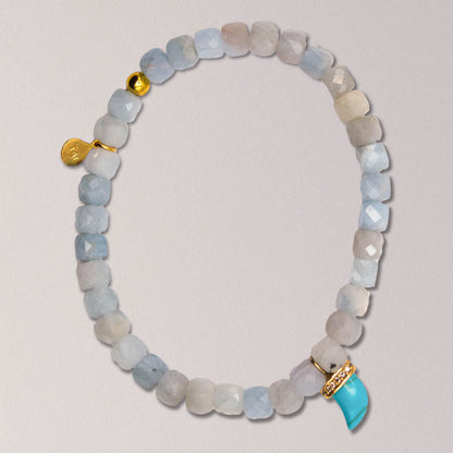 Aquamarine Beaded Elastic Bracelet with Turquoise Horn