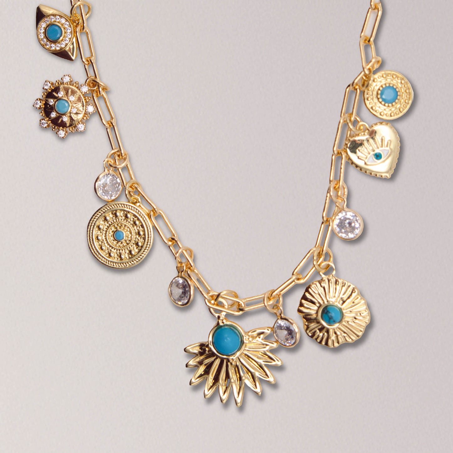 Turquoise Sun & Evil Eye Charm Necklace