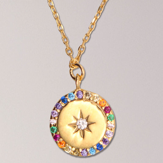 Gold Simple Chain Necklace with Small Rainbow Pavé Disc Pendant