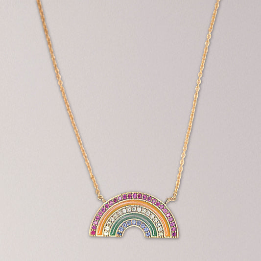 Gold Simple Chain Necklace with Rainbow Pendant