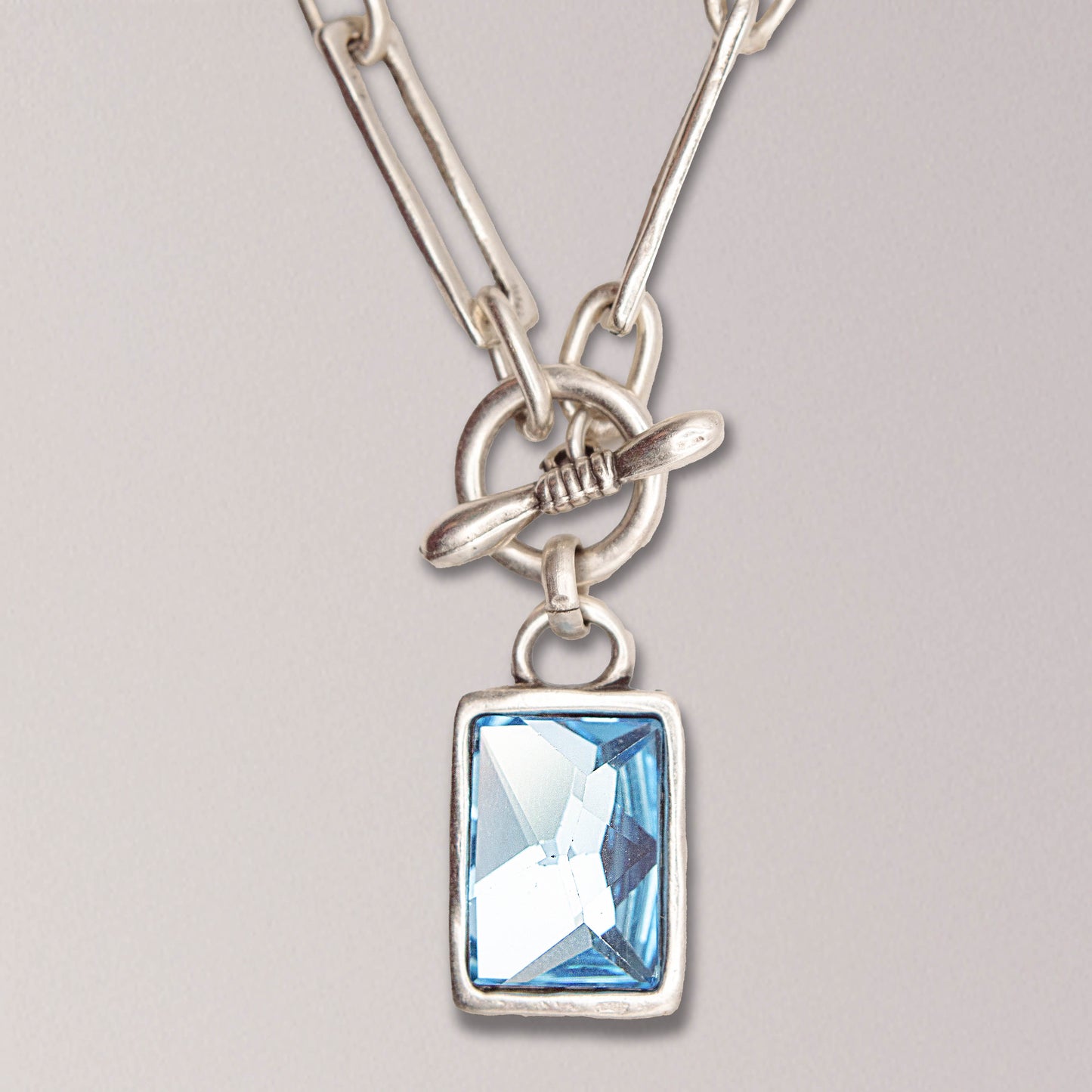 Handmade Emerald Cut Blue Crystal Pewter Necklace