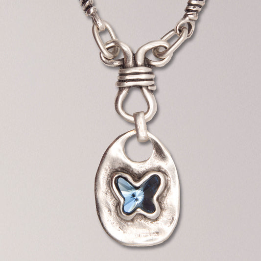 Handmade Butterfly Blue Crystal Pewter Necklace